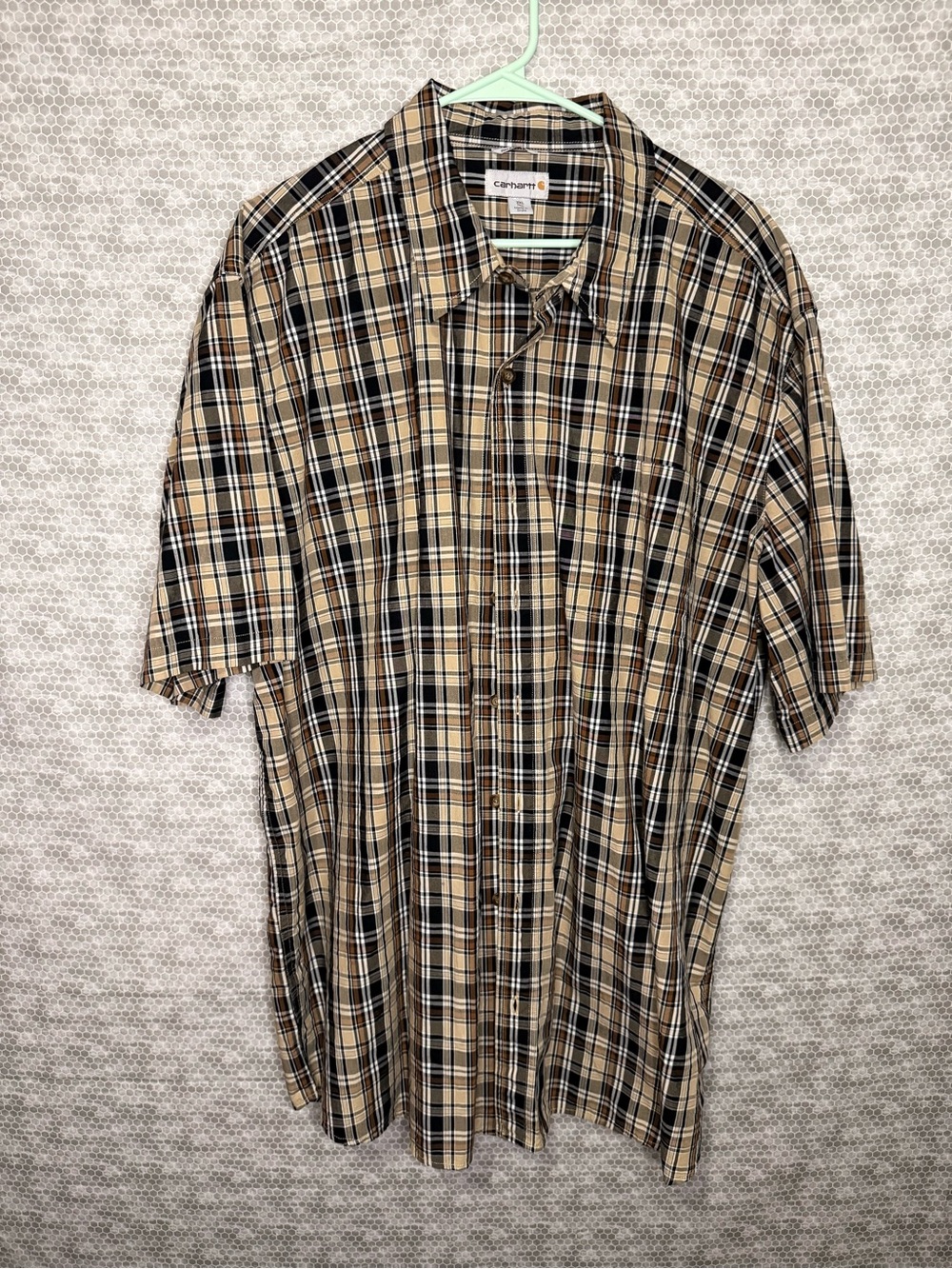 Carhartt Men’s Beige and Brown Plaid Short-Sleeve Button-Down Shirt 3XL Tall